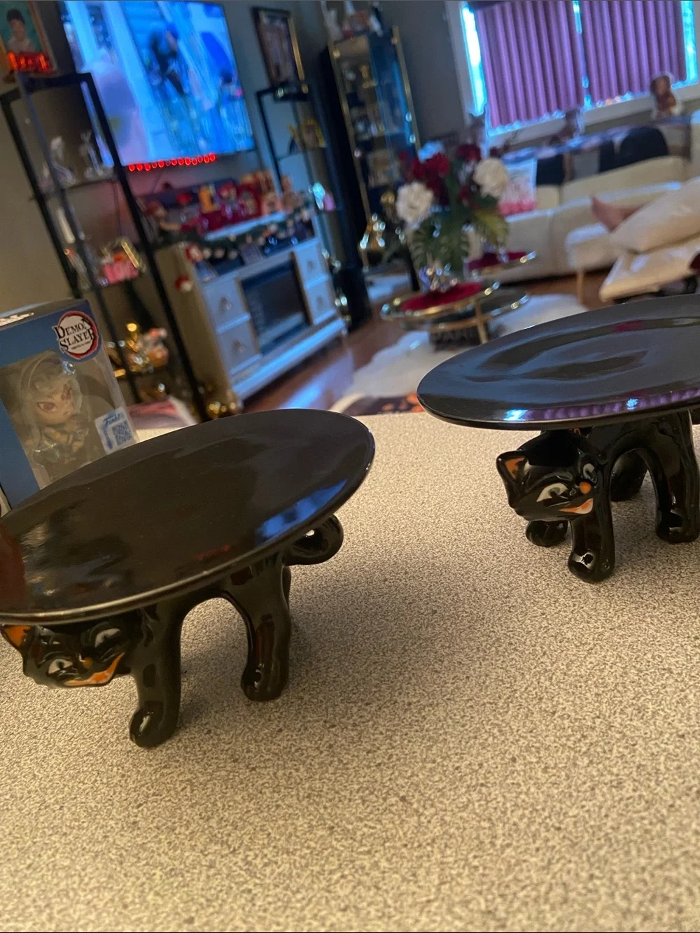 Black Ceramic Cat Dessert Stands - Pair